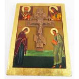 'BULGARIAN SCHOOL' ICON, with inset crucifix and painted saintly figures on a wooden panel,