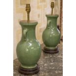 LAMPS, a pair, Chinese two handled ceramic pyriform vase, crackled glazed green,