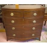 BOWFRONT CHEST, Regency, mahogany and line inlaid, of two short and three long drawers,