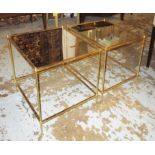 LOW OCCASIONAL TABLES, a pair, gilt metal framed, each with a square mirrored top,