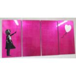 AFTER BANKSY, 'Girl with balloon', four panel lacquered panels, each panel 50cm x 100cm.