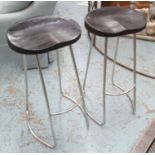 FRENCH CONNECTION BAR STOOLS, a pair, on chromed metal supports, retail £150 each, 38cm W x 74cm H.