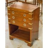 BEDSIDE CHESTS, a pair, campaign style mahogany and brass bound each with brushing slide,