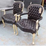 SALON CHAIRS, a pair, deep buttoned backs and seats with beaded detail,