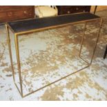 CONSOLE TABLE, gilt metal framed with a rectangular black slate effect top,