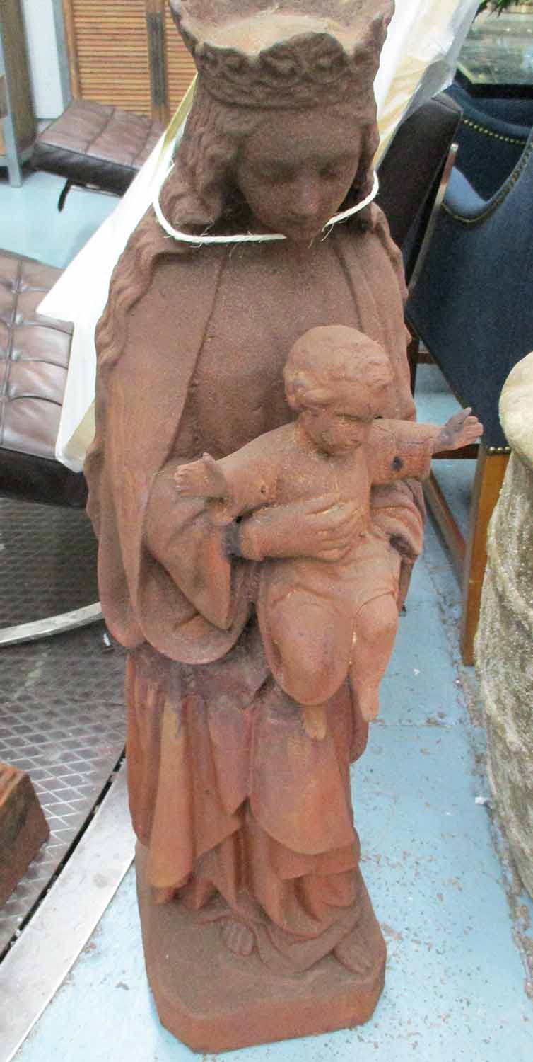 FIGURE OF MARY AND JESUS, in rustic cast iron finish, 98cm H.