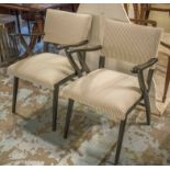 ARMCHAIRS, a pair, mid 20th century, ebonised with backs and seats in ticking upholstery, 54cm W.