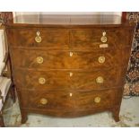 BOWFRONT CHEST, Regency flame mahogany, with two short and three long drawers,