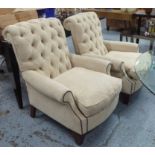 ARMCHAIRS, a pair, in cream faux suede, button back with studded arms on square supports, 83cm W.