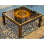 LOW TABLE, mahogany and brass inlaid with square glazed and compass decorated top, 38cm H x 76cm W.