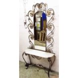 HALL CONSOLE TABLE, early 20th century, Spanish, gilded iron with arched mirror above a marble top,