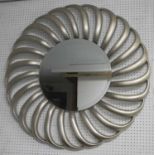 SUNBURST MIRROR, circular bevelled mirror within silvered starburst frame, 102cm D.