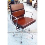 REVOLVING DESK CHAIR, Charles Eames inspired, padded leaf brown leather,