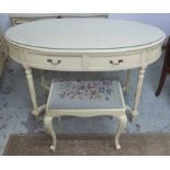 DRESSING TABLE, cream painted oval with two drawers and stool with embroidered seat,