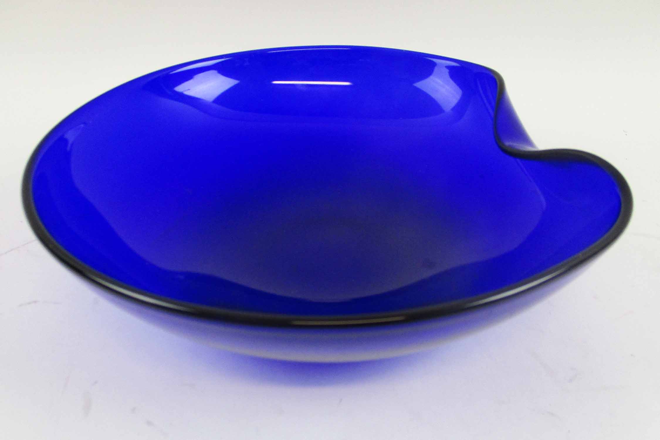 BLUE GLASS BOWL, 'Elsa Peretti for Tiffany' etched to base, 27cm diam x 7.5cm H.