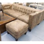 SOFA AND STOOL, contemporary design, tan, buttoned back, with studded detail, 210cm W.