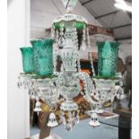 CHANDELIER, 1950's style, five branch with swept arms with sea green etched shades, plus chain,