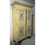 ARMOIRE, 18th century Continental, painted with birds, two doors enclosing shelves and two drawers,
