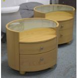 BEDSIDE/LAMP TABLES, a pair, oval beech with glass top and two drawers, 51cm H x 60cm W x 49cm D.