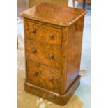 BEDSIDE CHESTS, a pair, Victorian, burr walnut, each adapted with three drawers,