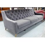 SOFA, three seater, in grey button back velvet, on square castor support, 240cm L.