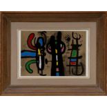 JOAN MIRO 'Personnage et oiseau', 1965, hand coloured pochoir, printed by Daniel Jacomet,