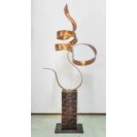 METAL SCROLL SCULPTURE, plinth support, 116cm H overall.