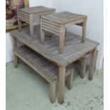 GARDEN TABLE, weathered teak, plus two benches and two stools to match, by Kingdom Teak,