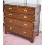 CAMPAIGN CHEST, 19th century mahogany and brass bound with five drawers and side handles,