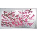 SAKURA CHERRY BLOSSOM PANELS, three, lacquered, each panel 60cm x 90cm.