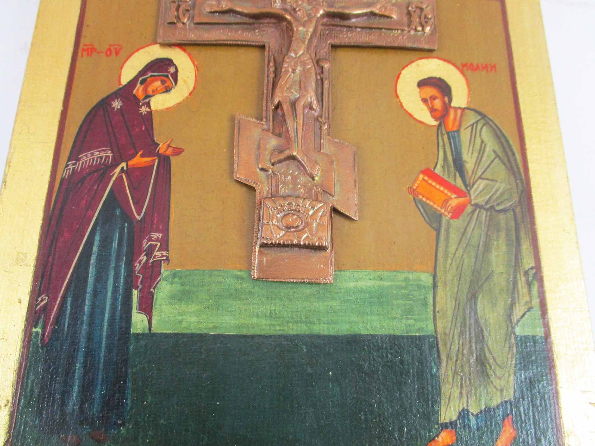 'BULGARIAN SCHOOL' ICON, with inset crucifix and painted saintly figures on a wooden panel, - Image 3 of 6
