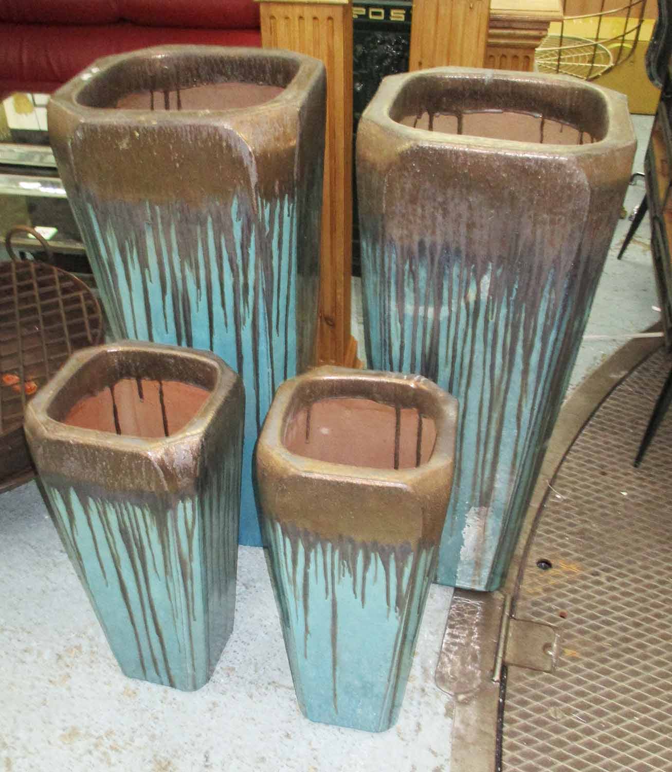 GLAZED PLANTERS, two pairs, contemporary style, blue over black glazed, two large 90cm H x 42cm W,