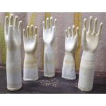 SPANISH FACTORY RUBBER GLOVE MOULD BLOCKS, a set of five, mid century porcelain, tallest 43cm H.