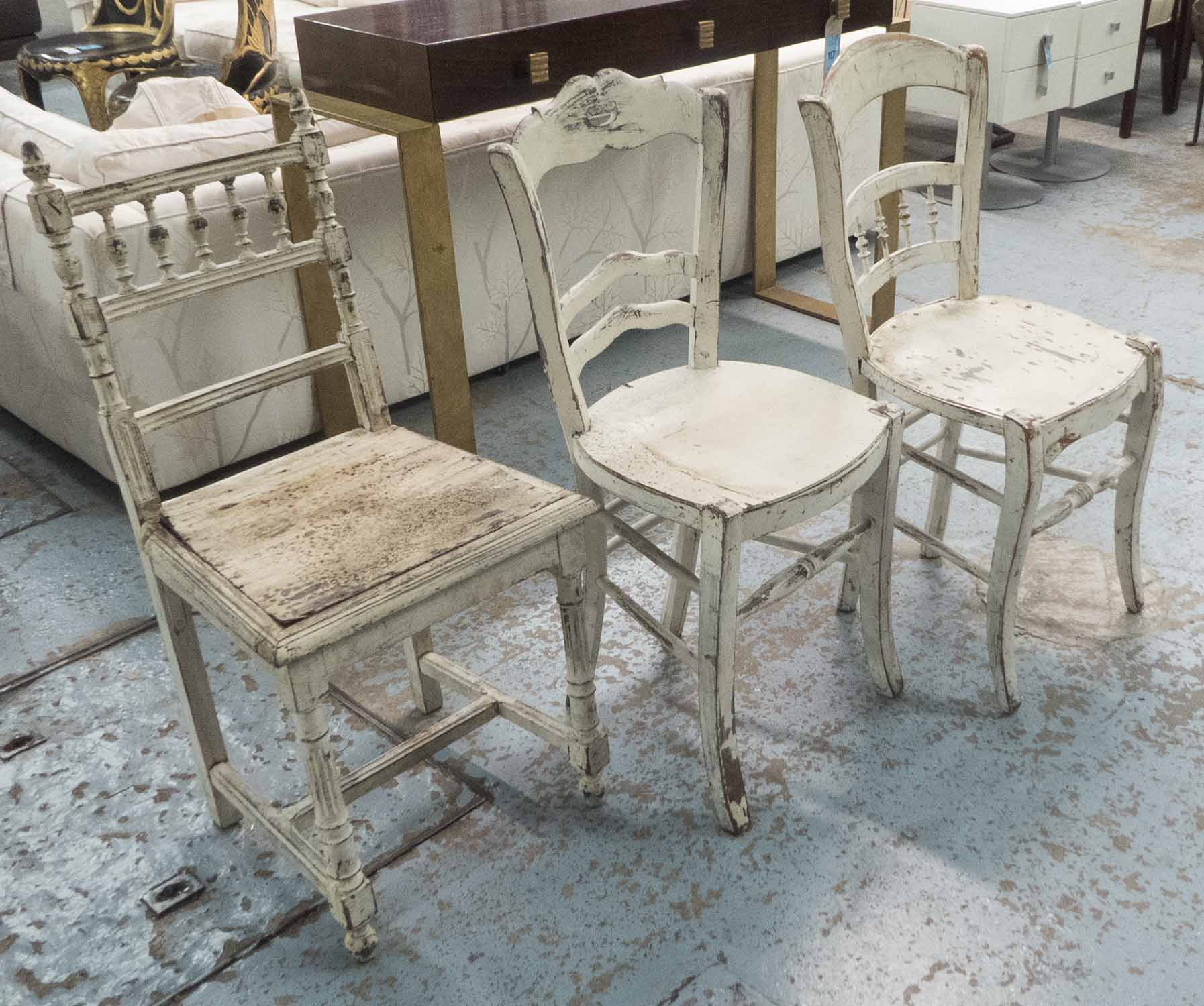 DINING CHAIRS, a harlequin set of eight, cream painted shabby chic, naturally weathered.