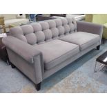 SOFA, two seater, in button back grey velvet cotton fabric, on square supports, 208cm L.