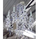 CHANDELIER, Venetian style, eight branches with swept arms with clear and blue drops, plus chain,