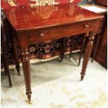 CHAMBER WRITING TABLE, 19th century mahogany, with concealed pen/stationery flap and frieze drawer,