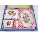 HEREND DRESSING TABLE SET, pin dish, ring stand, matchbox holder, trinket box, fitted case.