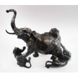 BRONZE SCULPTURE, elephant attacked by Lions, bears signature 'Barye', 39cm x 36cm H max.
