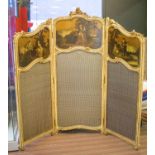 SCREEN, Louis XV style painted with three Vernis Martin decorated panels above fabric lining,
