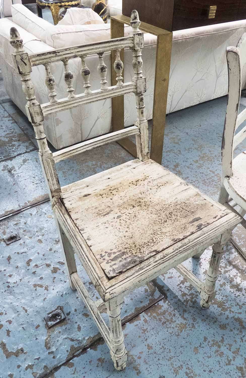 DINING CHAIRS, a harlequin set of eight, cream painted shabby chic, naturally weathered. - Image 2 of 3