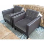 ARMCHAIRS, a pair, in dark brown button back fabric, on square supports, 76cm W.