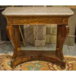 CONSOLE TABLE, Charles X mahogany with marble top above a cavetto drawer on brass paw feet,