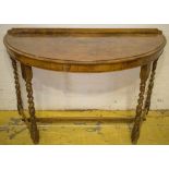 DEMI LUNE SIDE TABLE, part Victorian burr walnut and oak with barley twist legs,