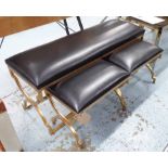 BENCHES, a set of three, one large plus a matching pair, with padded tops on gilt metal bases,