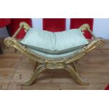 WINDOW SEAT, gilt wood with green upholstery, 79cm W x 52cm D x 53cm H.