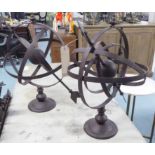 ARMILLARY SPHERES, a pair, in a rustic metal finish, 49cm H.