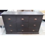 BANK OF DRAWERS, Victorian style, with nine drawers with cup handles, in black painted finish,