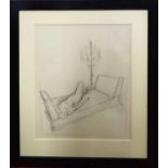 RUDOLF BAUER (German 1889-1953) 'Woman reclining on a bed', pencil drawing, 60cm x 50cm,