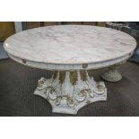 CENTRE TABLE, white painted giltwood with circular marble top on inverted Corinthian capital,